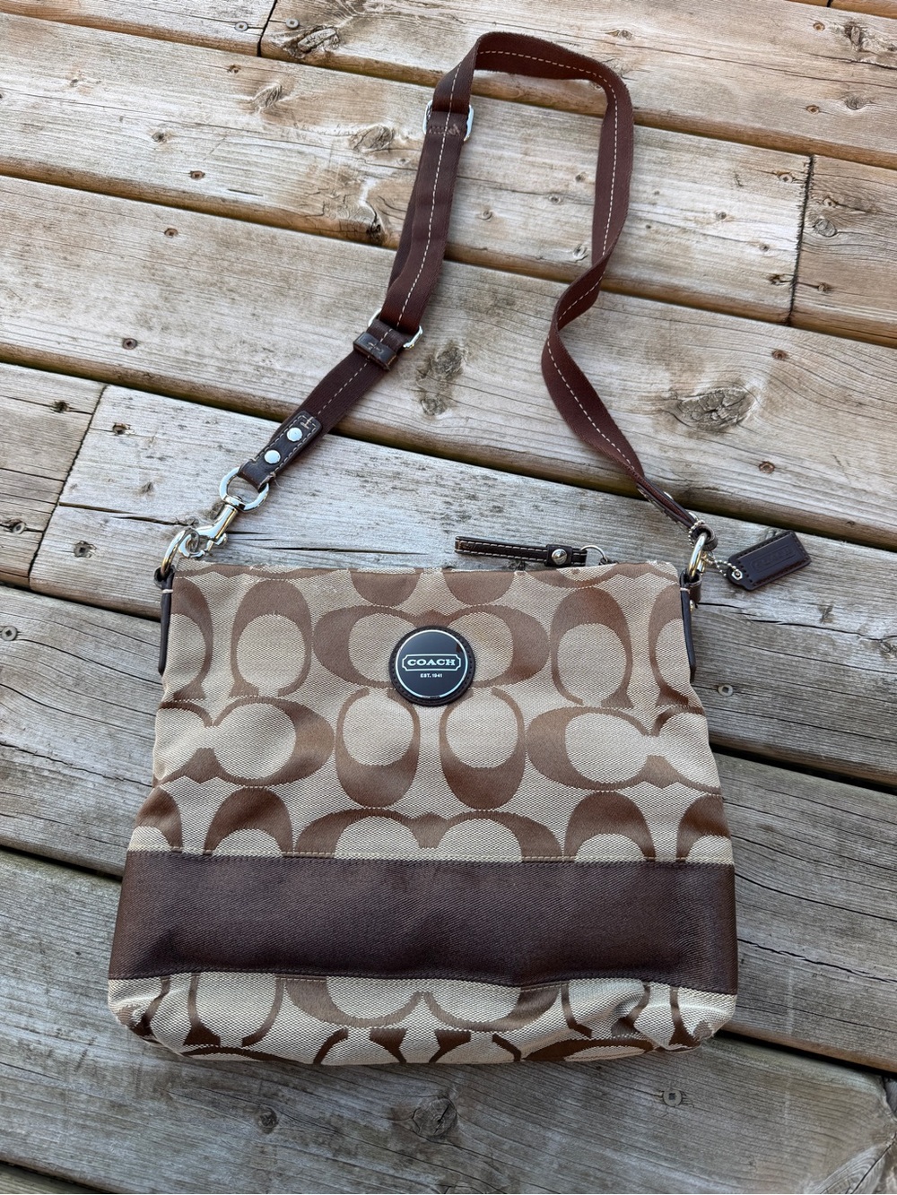 Coach Signature Brown Khaki Canvas Crossbody Shoulder Bag Purse